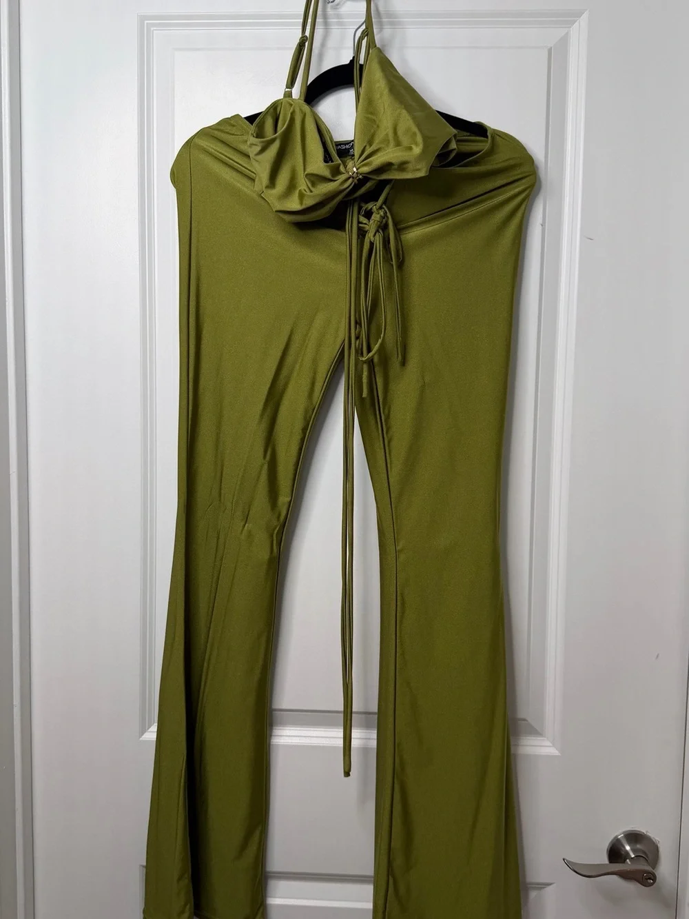 Fashion Nova Olive Green Tie-Front High Waist Flare Pants - Picture 2 of 5